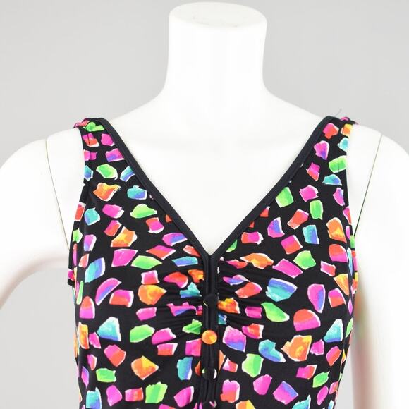 80s Maxine of Hollywood Black and Pink Retro Print Swimsuit - Picture 2 of 16
